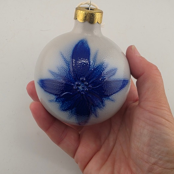 VTG Merry Christmas Glass   Ornament Blue Floral Christmas Tree Decoration - Picture 1 of 6